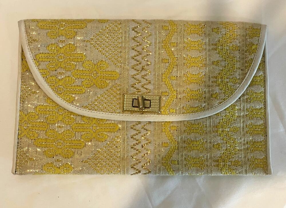 Vintage Mid-Century Metallic Gold & Cream Woven Jacquard Brocade Envelope Clutch